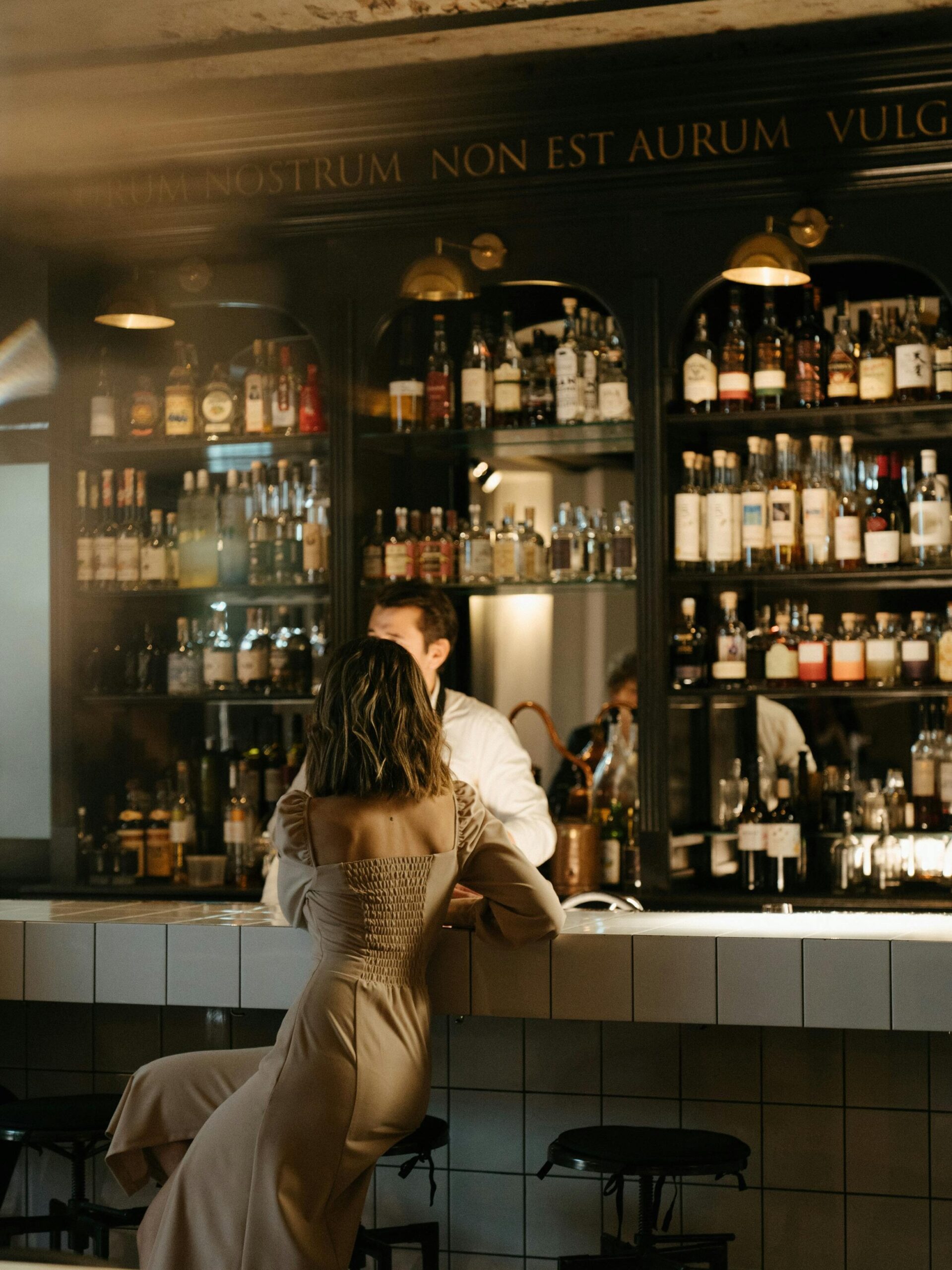 A woman elegantly sits at a modern bar counter filled with bottles, chatting with a bartender.